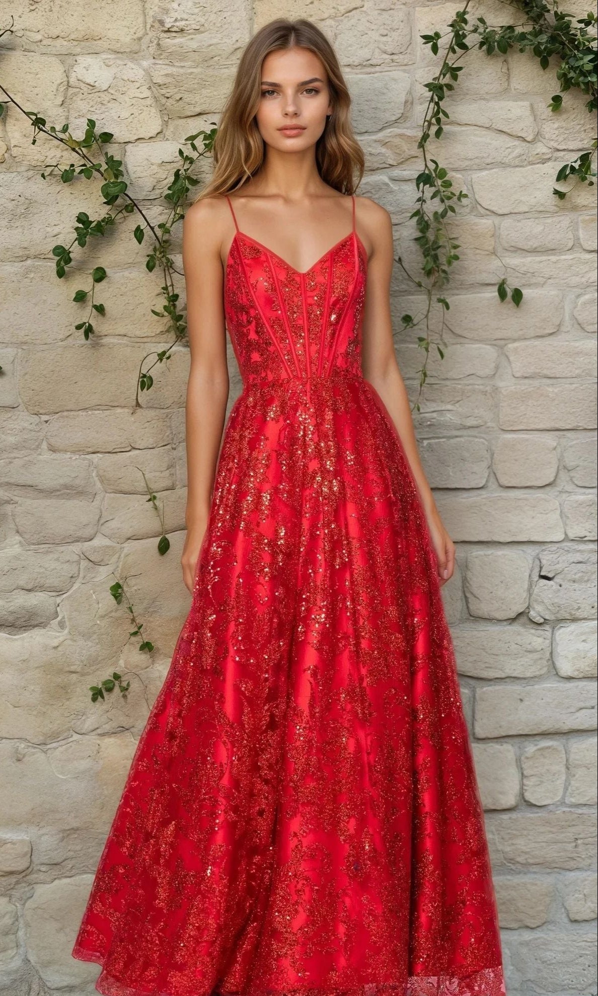 A woman stands before a stone wall wearing the Long Glitter Prom Dress Blondie Nites 5501BN, a striking red gown with a long, sleeveless silhouette, thin straps, and shimmering gold sequin accents.